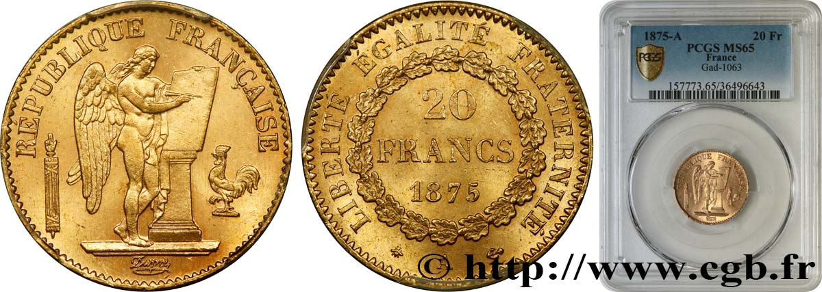 20 francs or Génie, Troisième République 1875 Paris F.533/3 ST65 PCGS