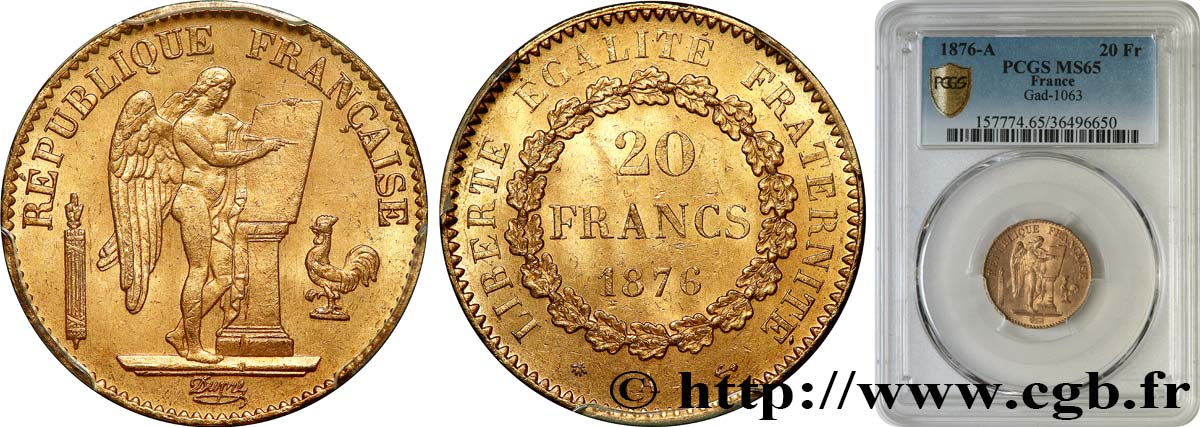 20 francs or Génie, IIIe République 1876 Paris F.533/4 MS65 PCGS