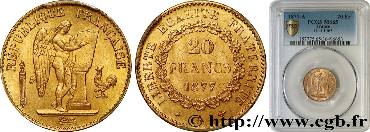 20 francs or Génie, Troisième République 1877 Paris F.533/5 ST65 PCGS
