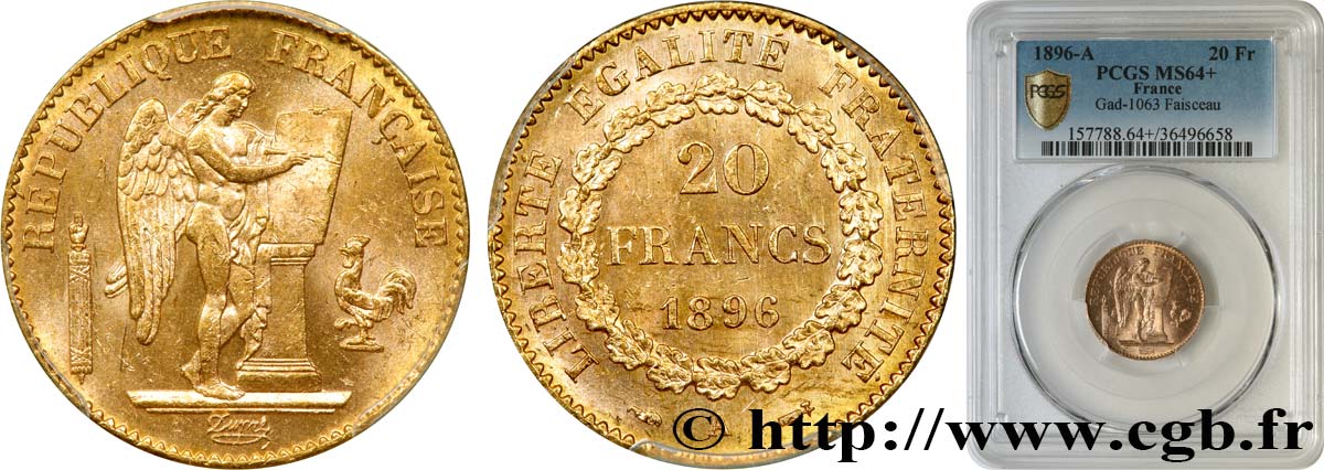 20 francs or Génie, Troisième République 1896 Paris F.533/20 MS64 PCGS