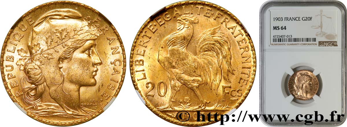 20 francs or Coq, Dieu protège la France 1903 Paris F.534/8 MS64 NGC