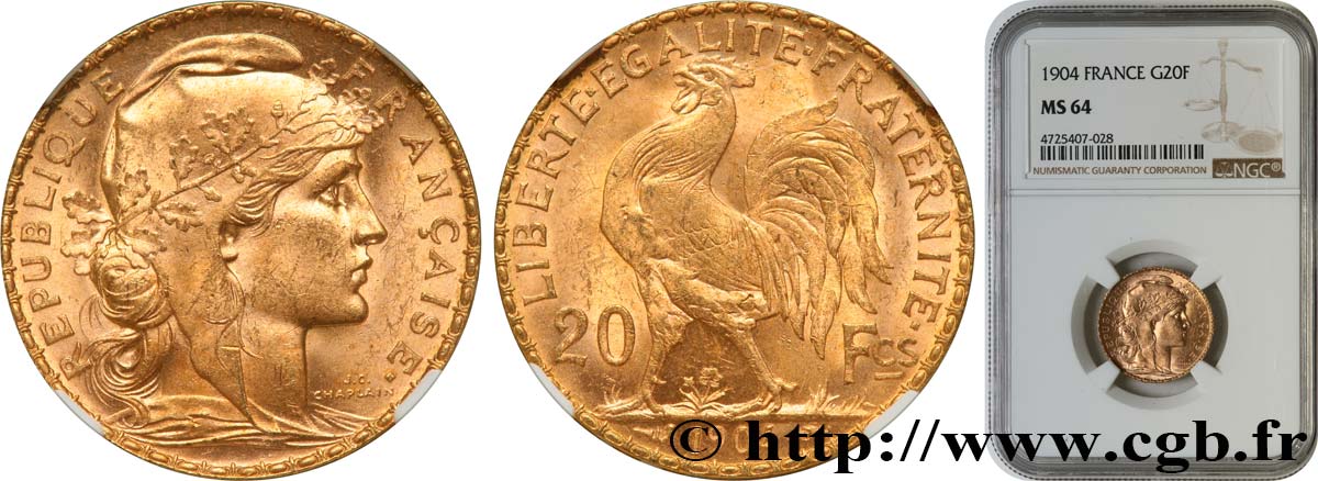 20 francs or Coq, Dieu protège la France 1904 Paris F.534/9 MS64 NGC