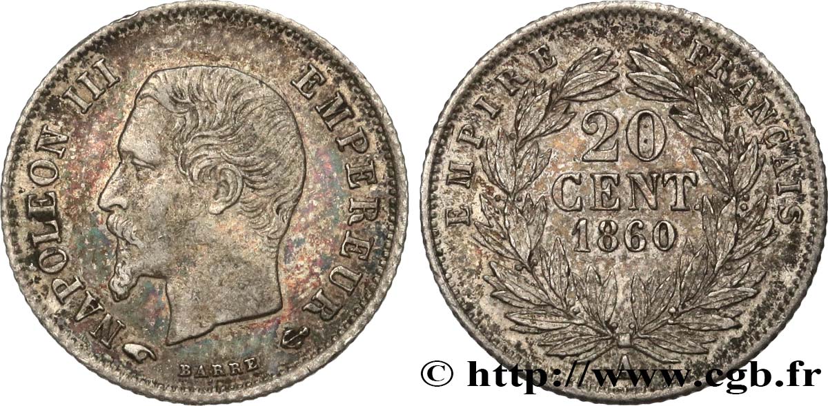 20 centimes Napoléon III, tête nue 1860 Paris F.148/14 TTB45 