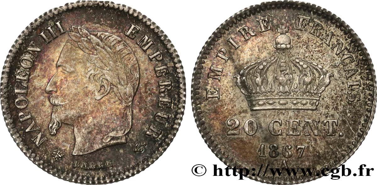 20 centimes Napoléon III, tête laurée, grand module 1867 Paris F.150/1 AU55 