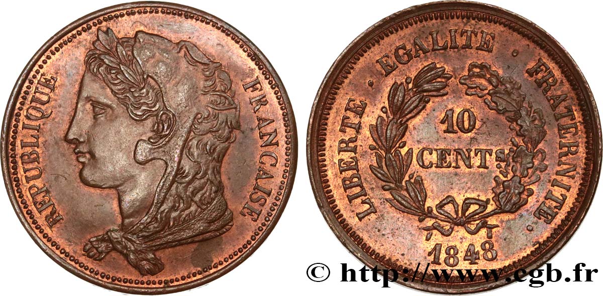 Concours de 10 centimes, essai en cuivre par Gayrard, deuxième concours, premier avers, troisième revers 1848 Paris VG.3142   SUP60 