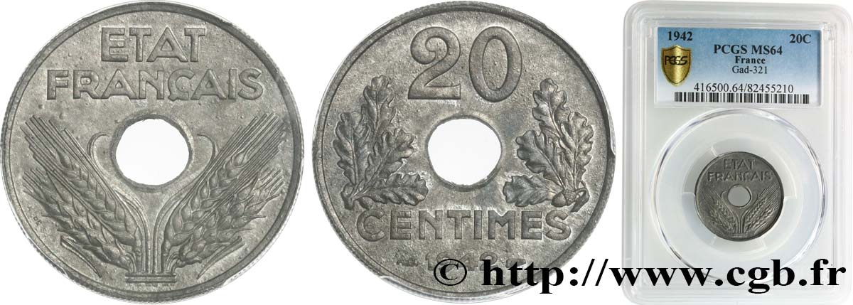 20 centimes État français 1942  F.153/4 SPL64 PCGS