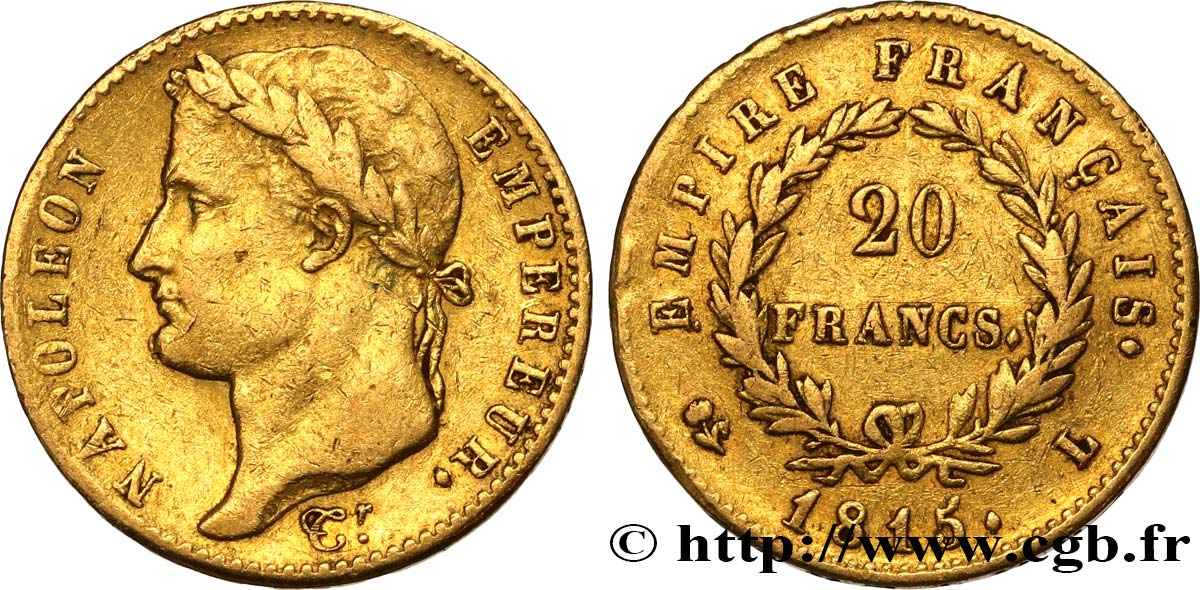 20 francs or Napoléon tête laurée, Cent-Jours 1815 Bayonne F.516A/2 BC+ 