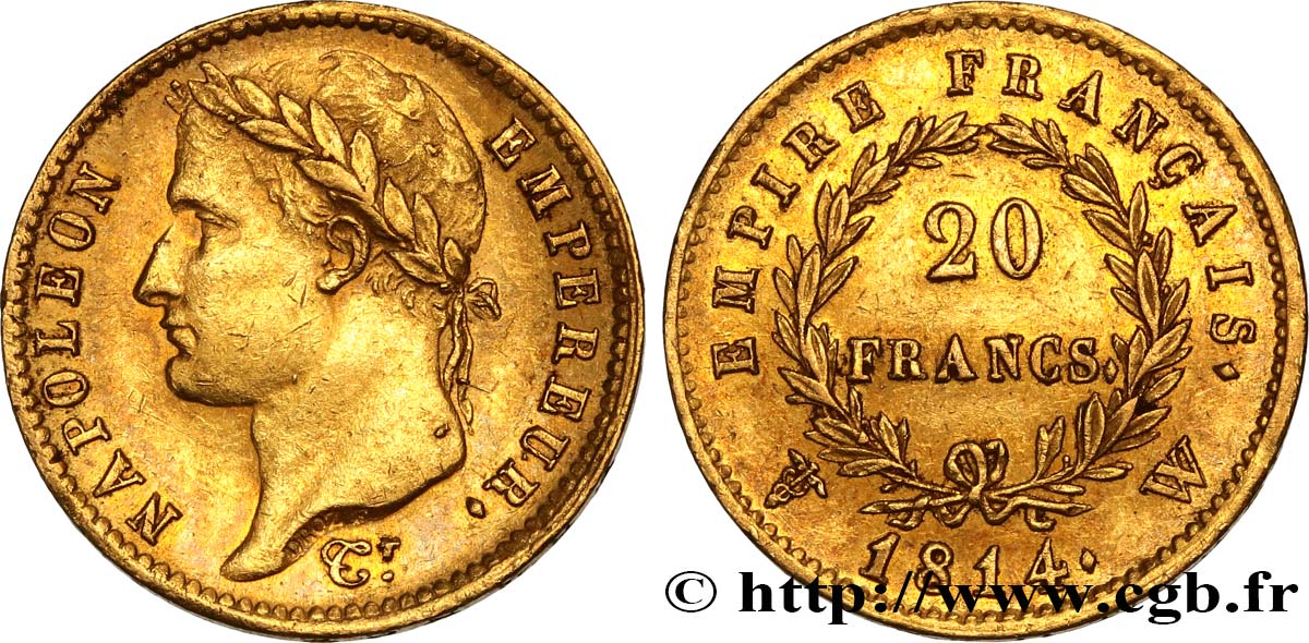 20 francs or Napoléon tête laurée, Empire français 1814 Lille F.516/42 MBC+ 