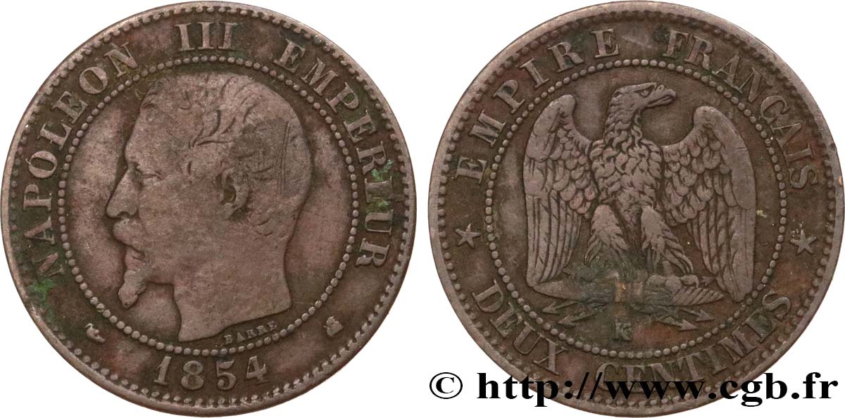 Deux centimes Napoléon III, tête nue 1854 Bordeaux F.107/16 MB20 