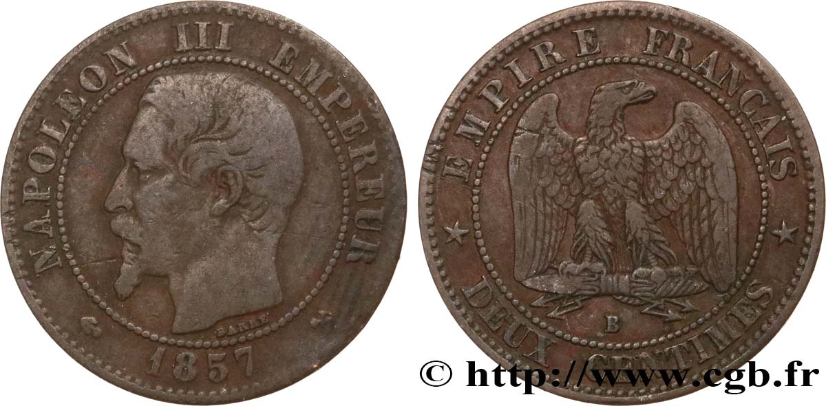 Deux centimes Napoléon III, tête nue 1857 Rouen F.107/45 TB20 