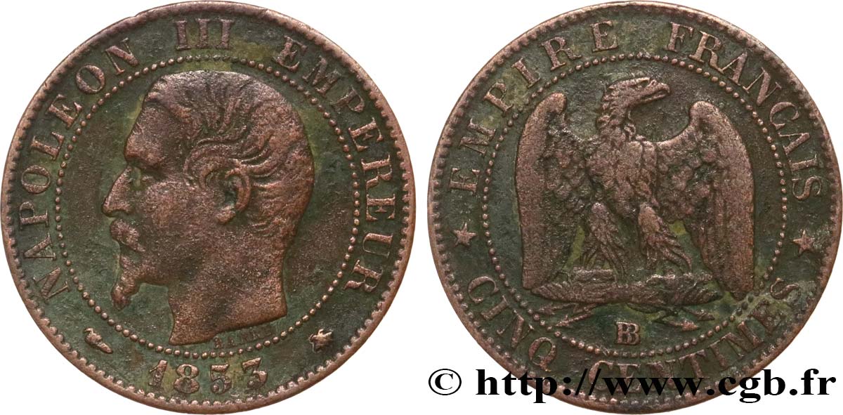 Cinq centimes Napoléon III, tête nue 1853 Strasbourg F.116/3 TB 
