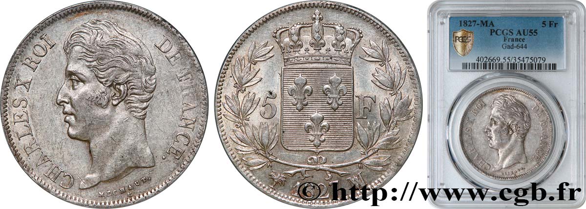 5 francs Charles X, 2e type 1827 Marseille F.311/10 AU55 PCGS