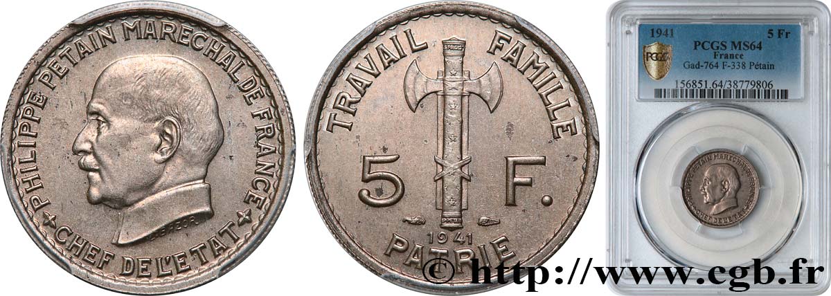 5 francs Pétain  1941  F.338/2 SPL64 PCGS