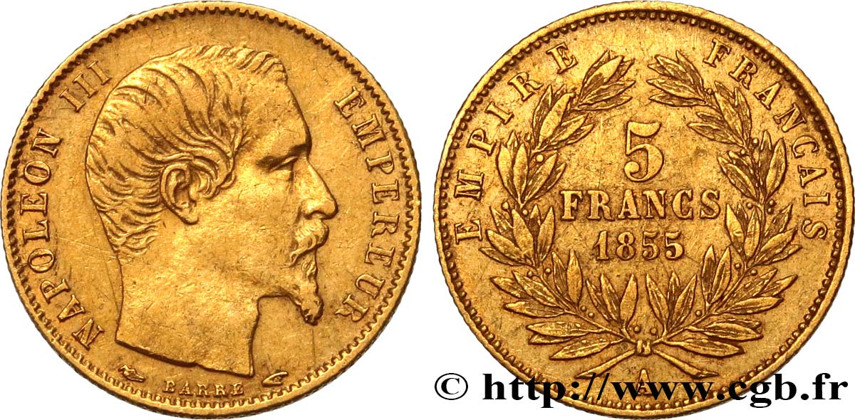 5 francs or Napoléon III, tête nue, petit module, tranche cannelée 1855 Paris F.500A/2 BB 