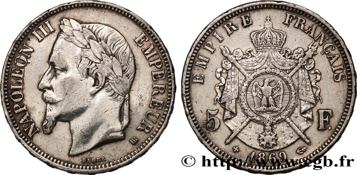 5 francs Napoléon III, tête laurée 1869 Strasbourg F.331/15 TTB 