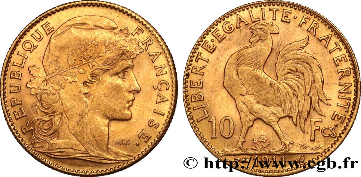 10 francs or Coq 1911 Paris F.509/12 AU 