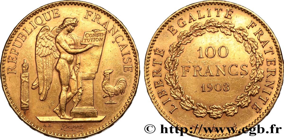 100 francs or Génie, tranche inscrite en relief Dieu protège la France 1903 Paris F.552/16 SUP 