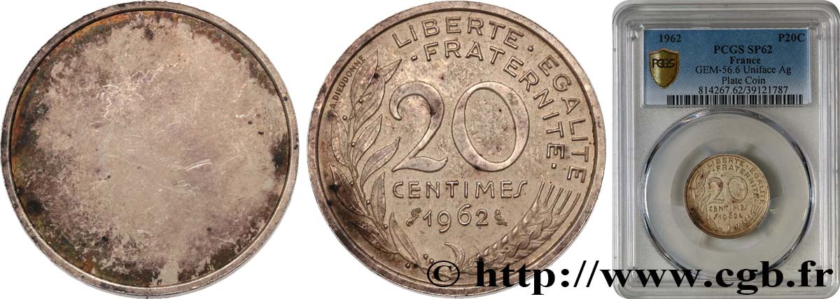 Épreuve uniface sur flan argent de 20 centimes Marianne 1962 Paris GEM.56 6 EBC62 PCGS