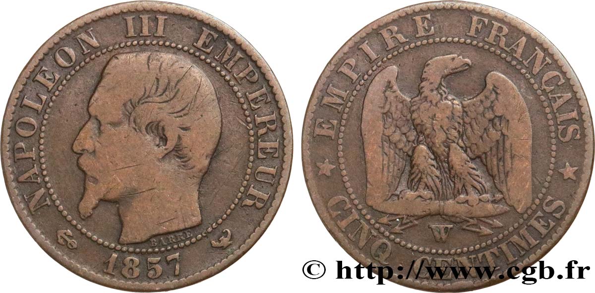 Cinq centimes Napoléon III, tête nue 1857 Lille F.116/43 F15 