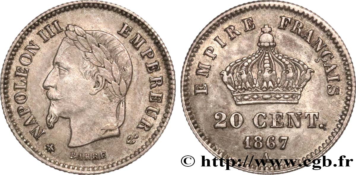 20 centimes Napoléon III, tête laurée, grand module 1867 Paris F.150/1 MBC45 