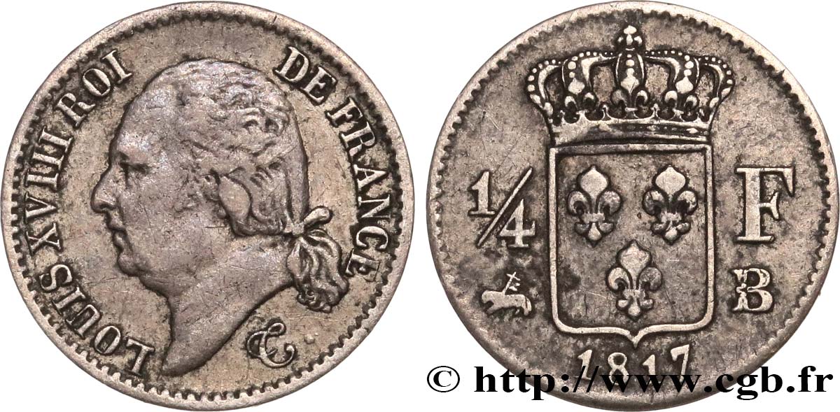 1/4 franc Louis XVIII 1817 Rouen F.163/2 BC35 