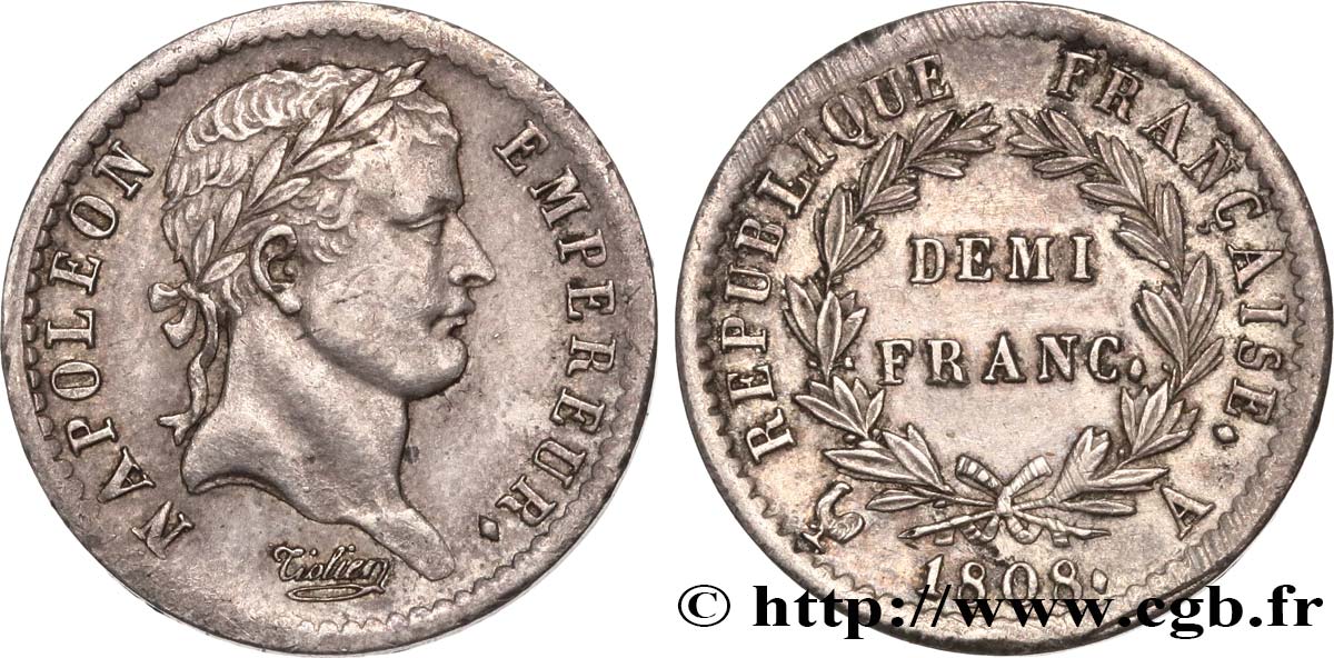 Demi-franc Napoléon Ier tête laurée, République française 1808 Paris F.177/2 TTB50 