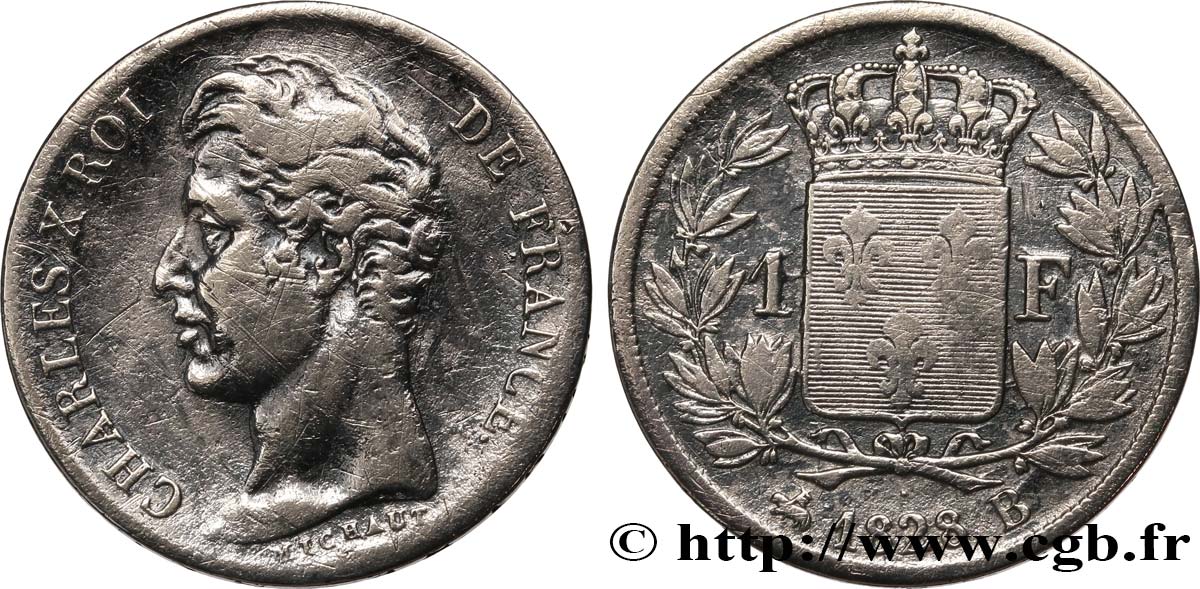 1 franc Charles X, matrice du revers à quatre feuilles 1828 Rouen F.207A/4 B+ 