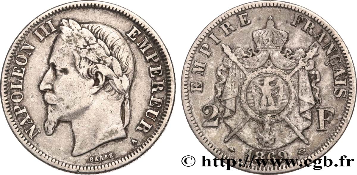 2 francs Napoléon III, tête laurée  1869 Paris F.263/10 VF25 