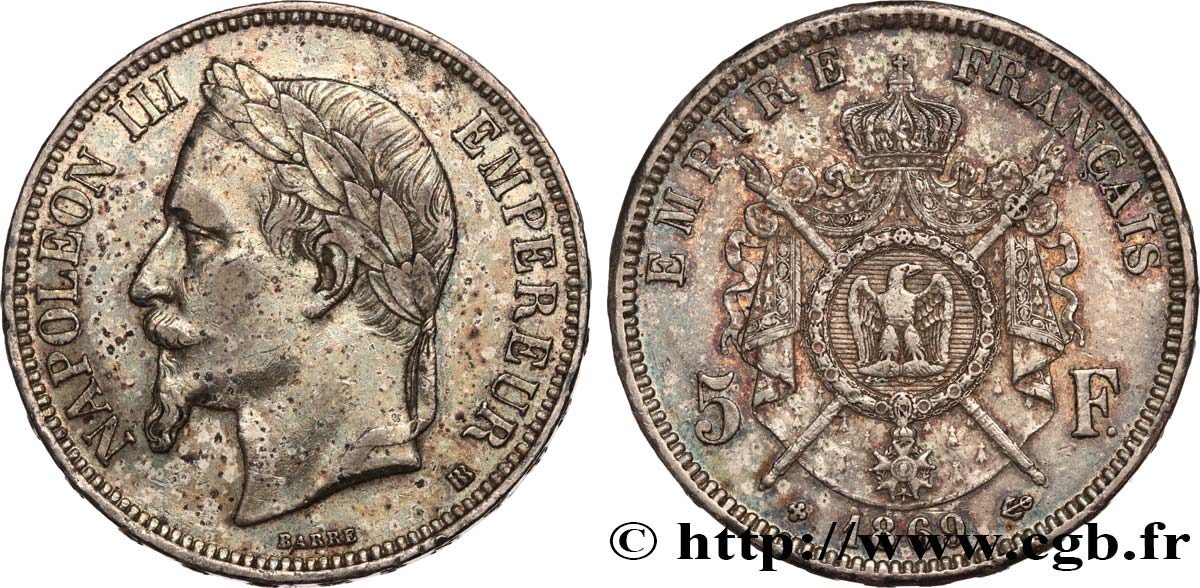 5 francs Napoléon III, tête laurée 1869 Strasbourg F.331/15 TTB 