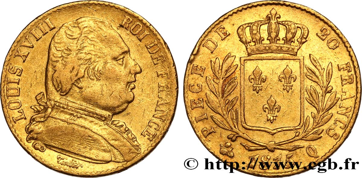 20 francs or Louis XVIII, buste habillé 1815 Perpignan F.517/17 XF 