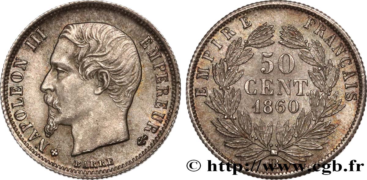 50 centimes Napoléon III, tête nue 1860 Strasbourg F.187/15 SUP60 