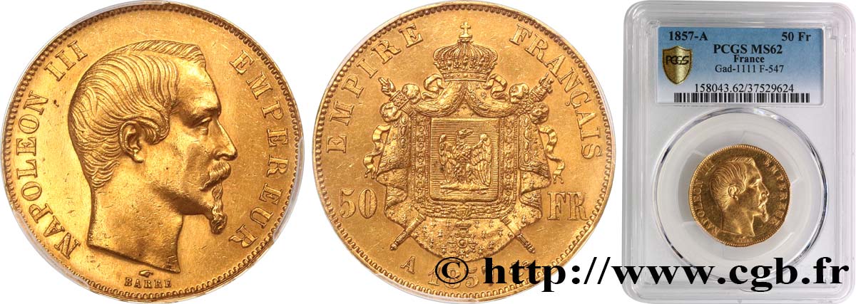 50 francs or Napoléon III, tête nue 1857 Paris F.547/4 SPL62 PCGS