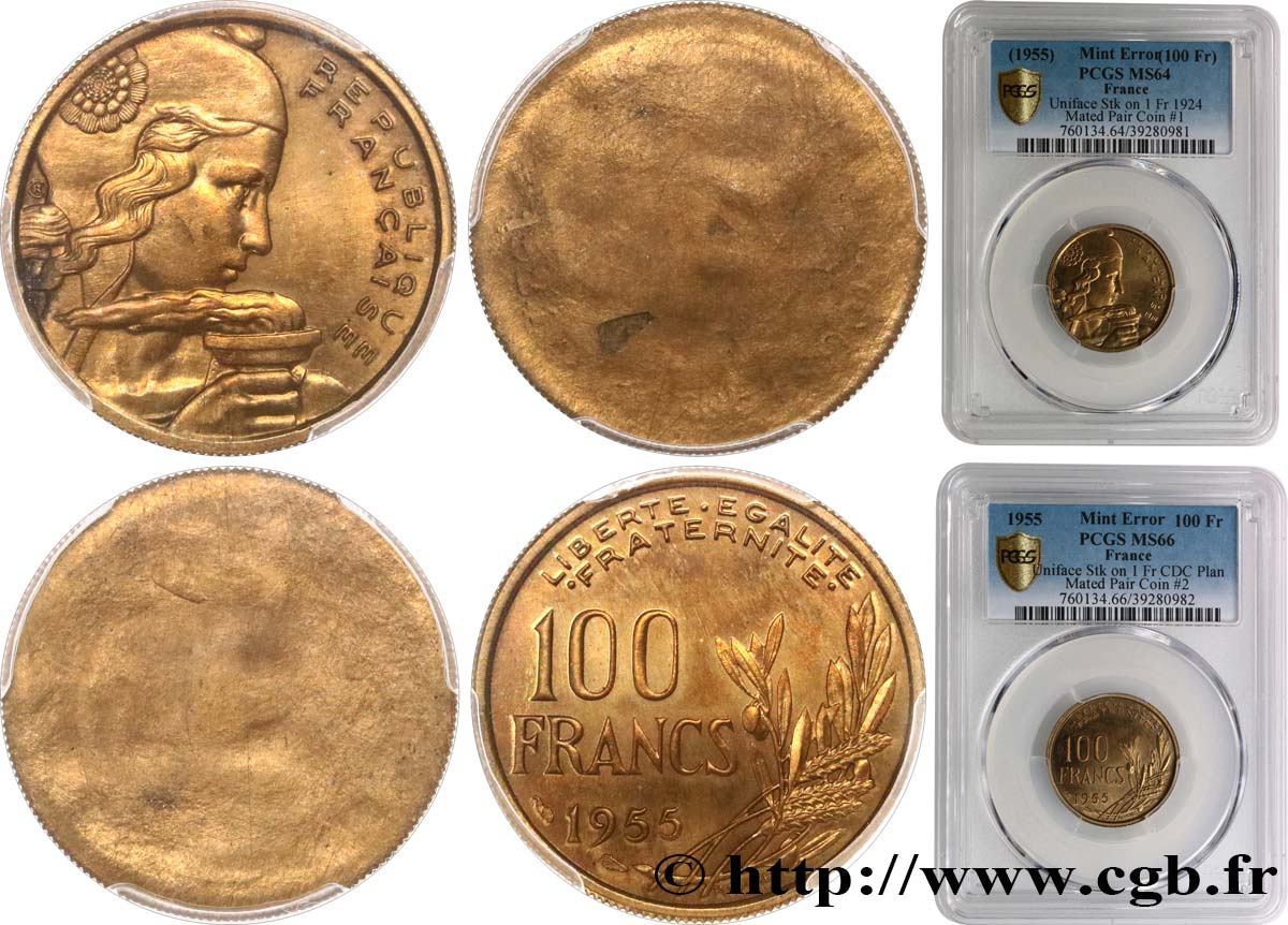 Paire d’uniface de 100 francs Cochet frappée sur une pièce de 1 Franc Chambre De Commerce 1955  F.450/4 var.  