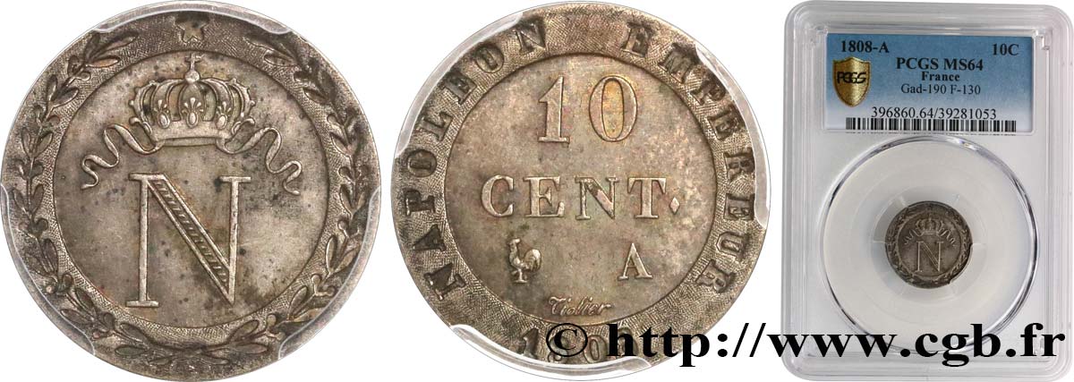 10 cent. à l N couronnée 1808 Paris F.130/2 SPL64 PCGS