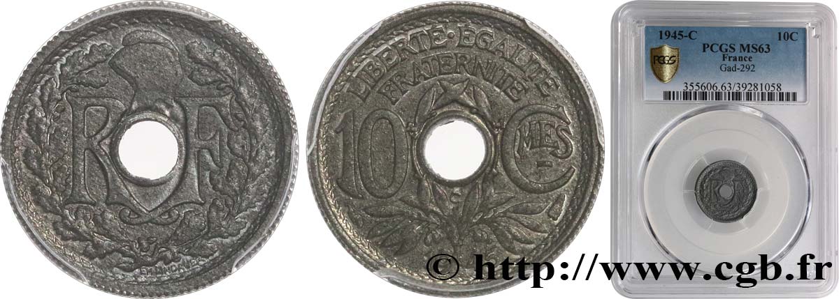 10 centimes Lindauer, petit module 1945 Castelsarrasin F.143/4 MS63 PCGS