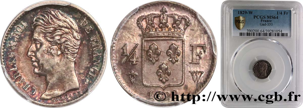 1/4 franc Charles X 1829 Lille F.164/38 SPL64 PCGS