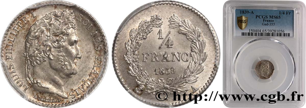 1/4 franc Louis-Philippe 1839 Paris F.166/74 ST65 PCGS