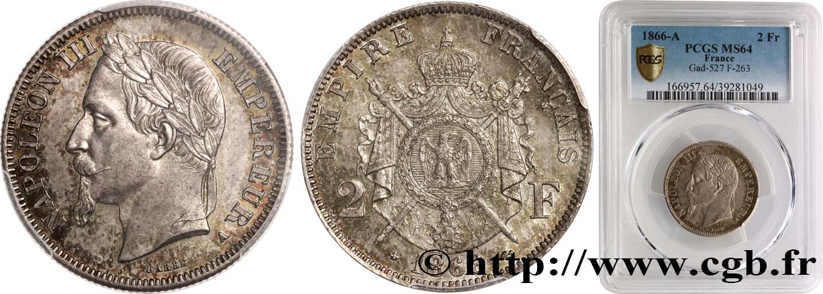 2 francs Napoléon III, tête laurée 1866 Paris F.263/2 SC64 PCGS