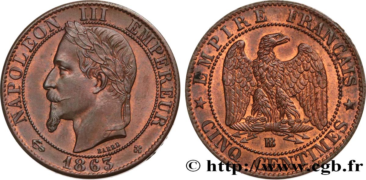 Cinq centimes Napoléon III, tête laurée 1863 Strasbourg F.117/11 VZ+ 