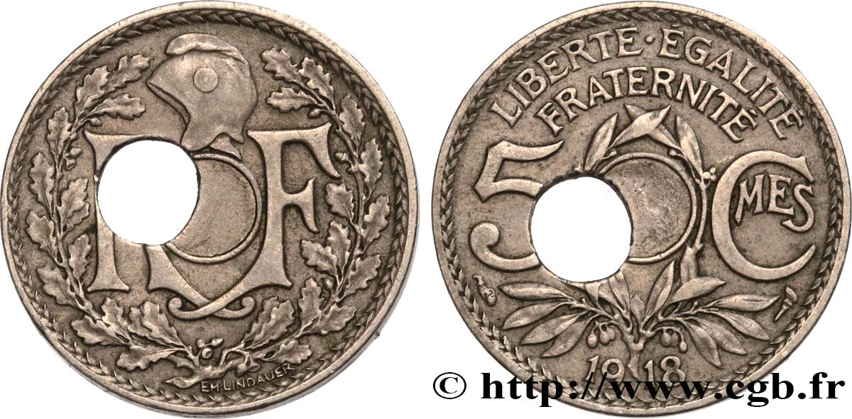 5 centimes Lindauer, grand module, trou décentré 1918 Paris F.121/2 var. XF 