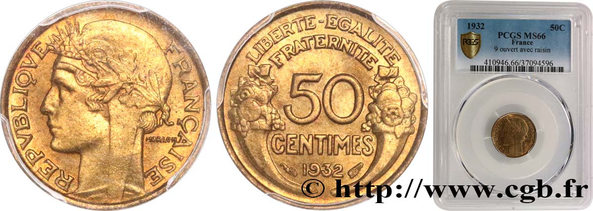 50 centimes Morlon, avec raisin, 9 et 2 ouverts 1932  F.192/7 FDC66 PCGS