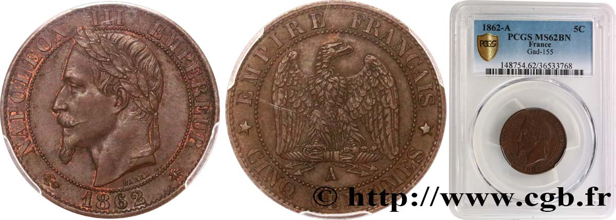 Cinq centimes Napoléon III, tête laurée 1862 Paris F.117/7 SPL62 PCGS