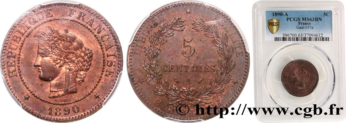5 centimes Cérès 1890 Paris F.118/32 MS63 PCGS