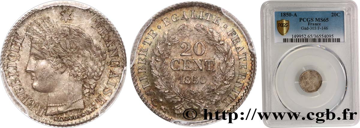 20 centimes Cérès, IIe République 1850 Paris F.146/2 FDC65 PCGS