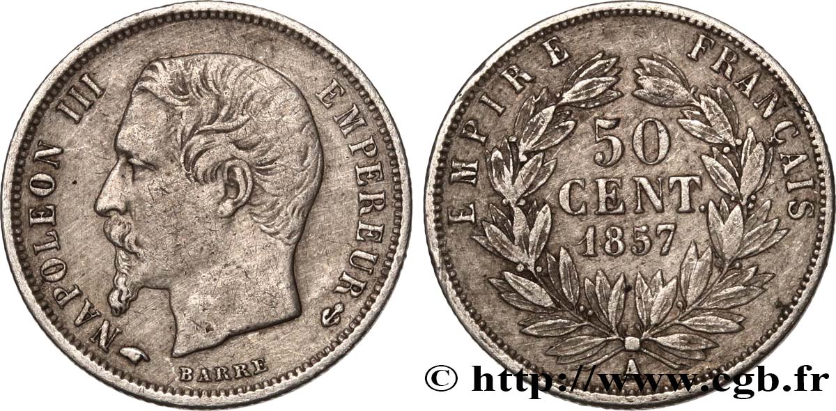 50 centimes Napoléon III, tête nue 1857 Paris F.187/8 VF 