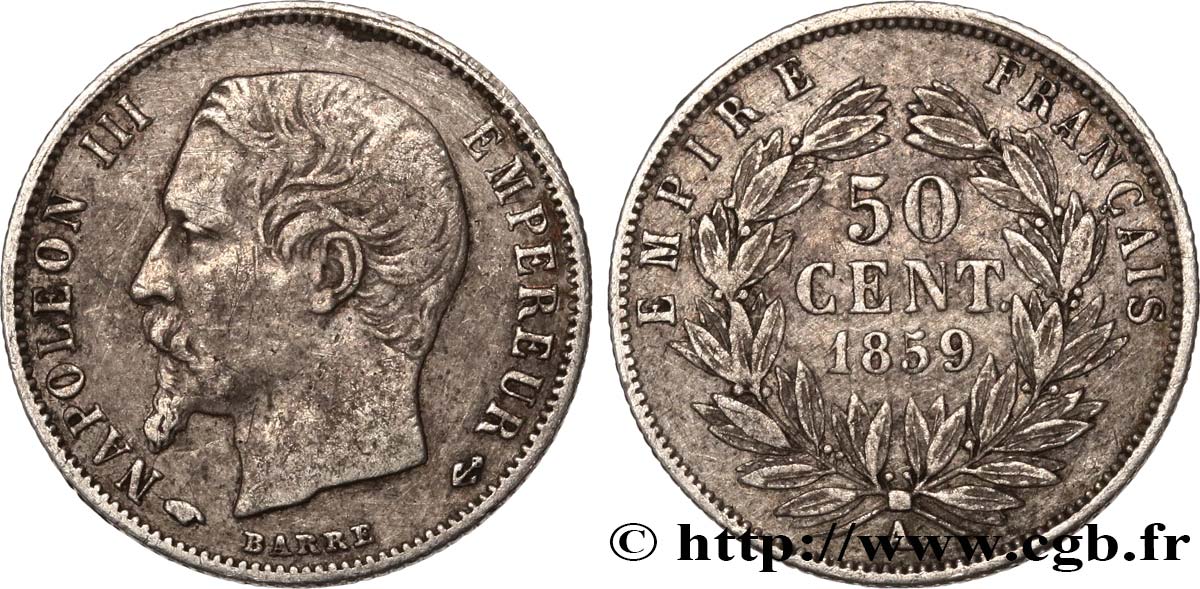 50 centimes Napoléon III, tête nue 1859 Paris F.187/10 fSS 