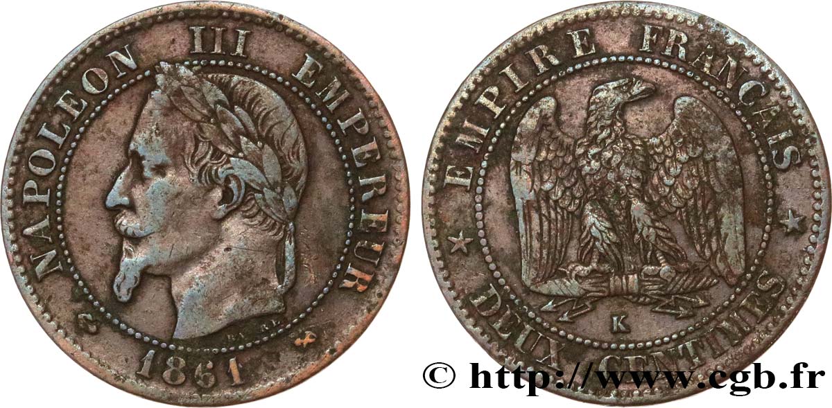 Deux centimes Napoléon III, tête laurée 1861 Bordeaux F.108A/3 TB35 