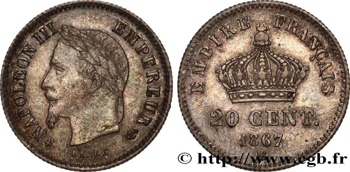 20 centimes Napoléon III, tête laurée, grand module 1867 Strasbourg F.150/2 AU53 