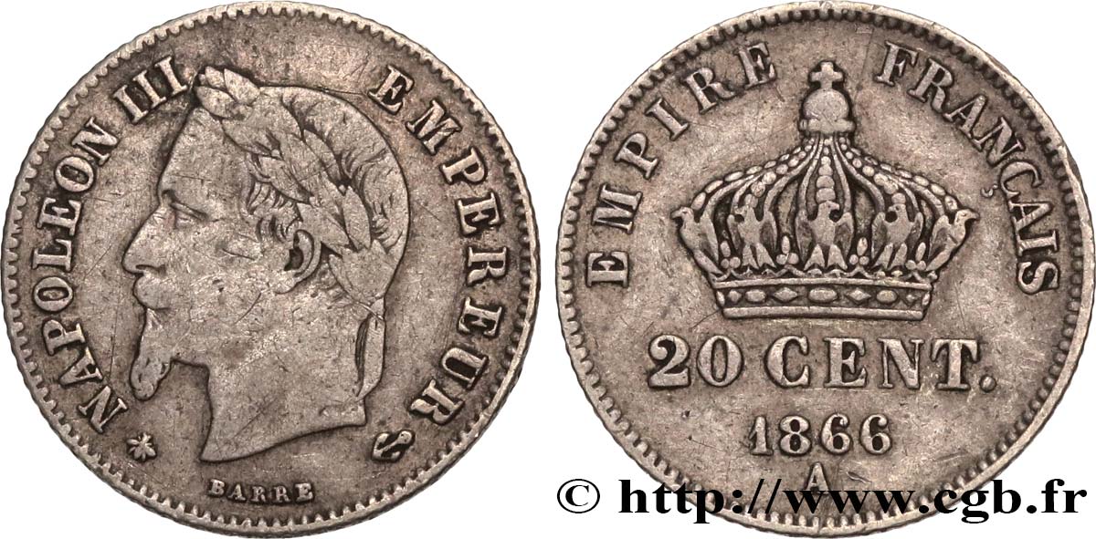 20 centimes Napoléon III, tête laurée, petit module 1866 Paris F.149/4 TB25 