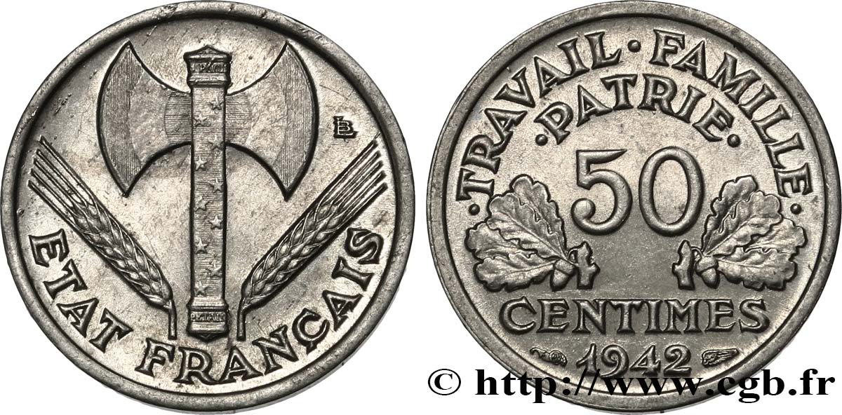 50 centimes Francisque, lourde 1942 Paris F.195/3 SUP60 